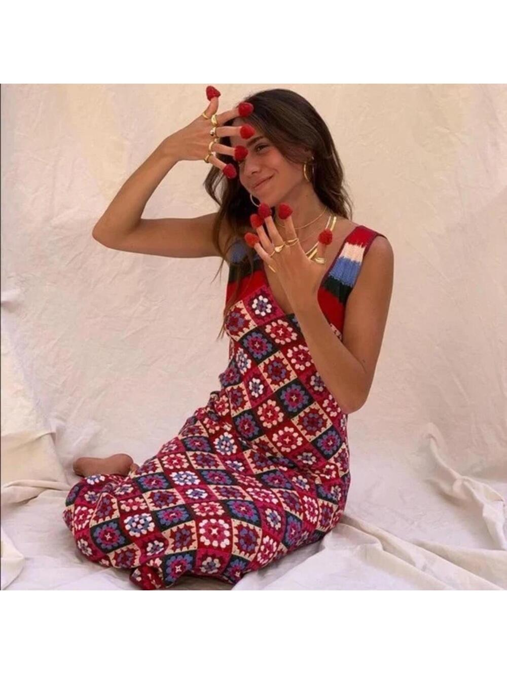 Zara Vibrant Multicolored Crochet Knit Maxi Sun Dress SZ M Approx. Boho - Picture 3 of 15